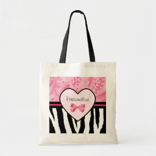 Trendy Pink and Black Zebra Pattern Bow and Name Tote Bag