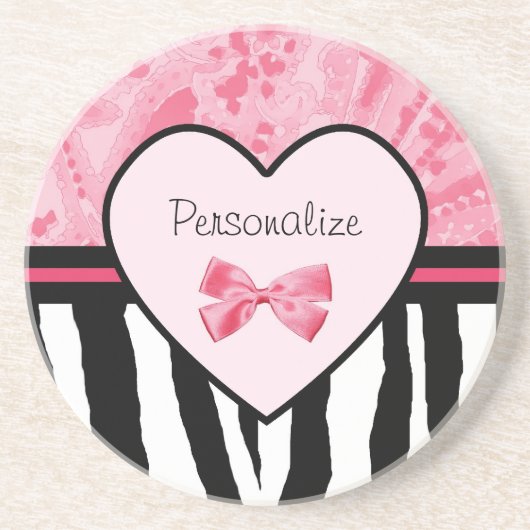 Trendy Pink and Black Zebra Pattern Bow and Name Zandsteen Onderzetter (Voorkant)