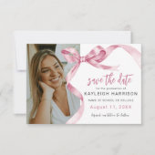 Trendy Pink Bow Photo Graduation Save The Date (Voorkant)