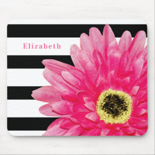 Trendy Pink Daisy Black and White Stripes and Name Muismat