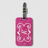 Trendy Pink Glitter White Monogram Aangepast Bagagelabel (Voorkant (verticaal))