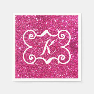 Trendy Pink Glitter White Monogram Aangepast Servet