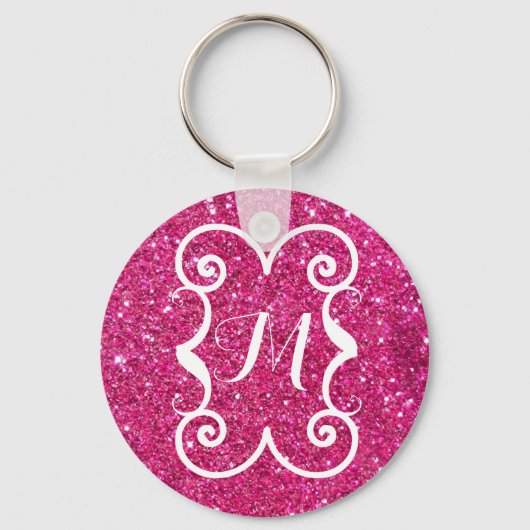 Trendy Pink Glitter White Monogram Aangepast Sleutelhanger (Voorkant)