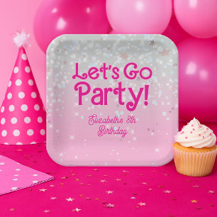 Trendy Pink Let's Go Party Verjaardagsfeestje Papieren Bordje