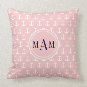 Trendy Pink Nautical Anchor Monogram Sierkussen
