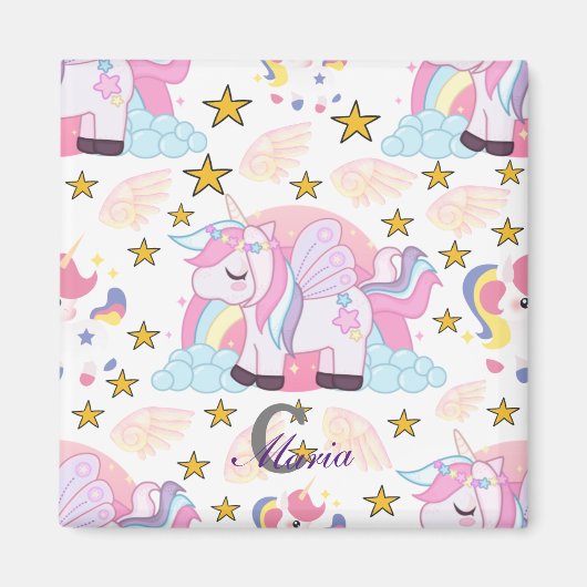 Trendy Pink Paars Gold Unicorn Naam Monogram Magneet (Voorkant)