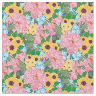 Trendy Pink Peonies Yellow Sunflower Waterverf Stof