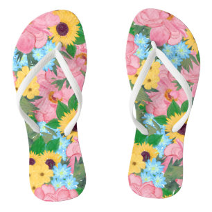Trendy Pink Peonies Yellow Sunflower Waterverf Teenslippers
