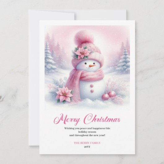 Trendy Pink Snowman Digital Christmas Scene Cards Feestdagenkaart (Voorkant)