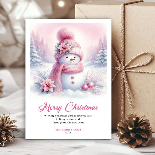 Trendy Pink Snowman Digital Christmas Scene Cards Feestdagenkaart