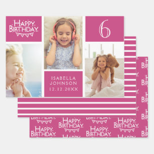 Trendy Pink Stripe Foto Collage Happy Birthday Inpakpapier Vel