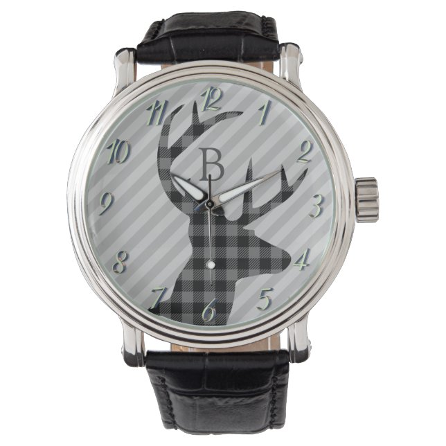 Trendy Plaid Herten en Grijs Gestreept Monogram Horloge (Voorkant)