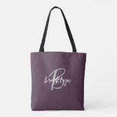 Trendy Plum Paarse Grijs Wit Script Monogram Draagtas (Achterkant)
