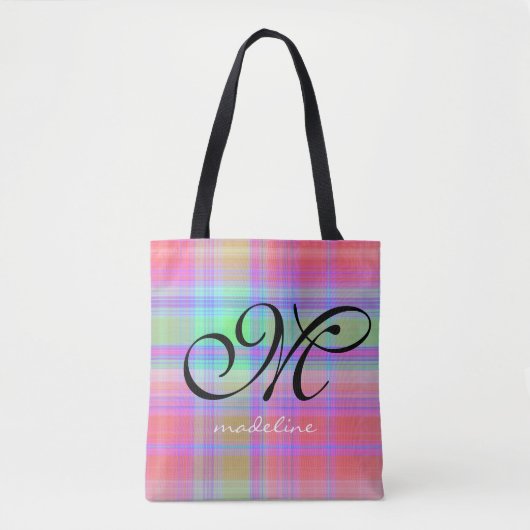 Trendy Rainbow Pset Stripes Girly Script Monogram Draagtas (Voorkant)
