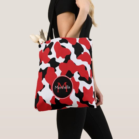 Trendy Red Black Cow Print Monogram Draagtas (Dichtbij)