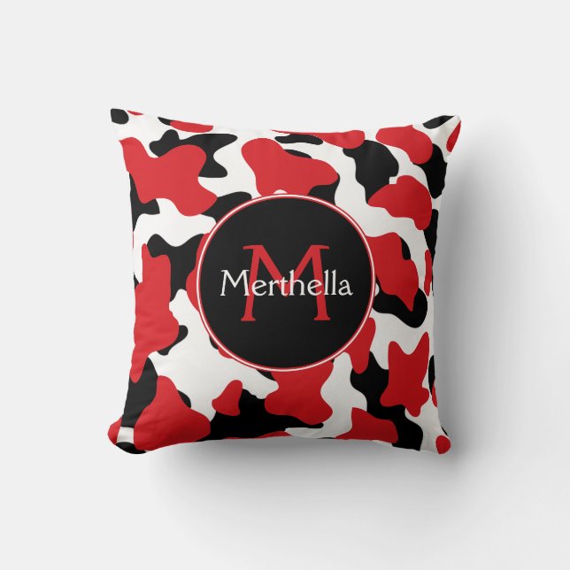 Trendy Red Black Cow Print Monogram Kussen (Voorkant)