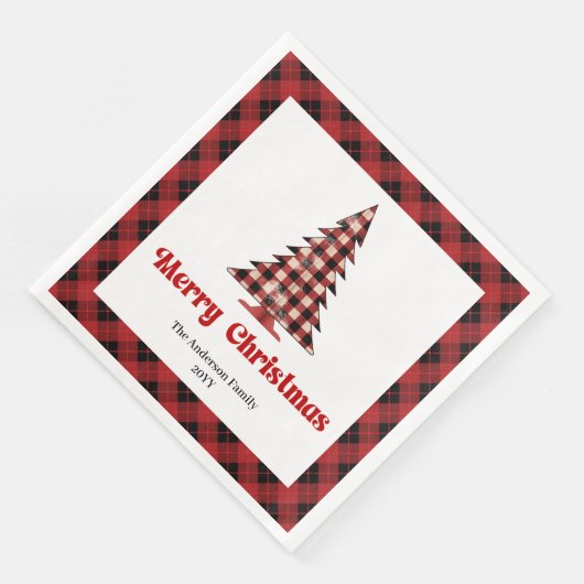 Trendy Red Black Plaid Tree Napkin Custom Name Servet (Hoek)