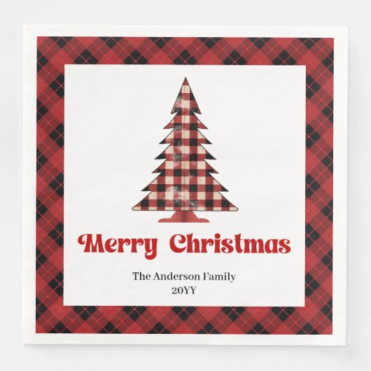 Trendy Red Black Plaid Tree Napkin Custom Name Servet (Voorkant)