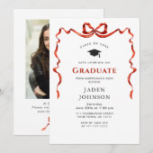 Trendy Red Bow Ribbon FOTO Afstudeerfeest Kaart (Voorkant / Achterkant)