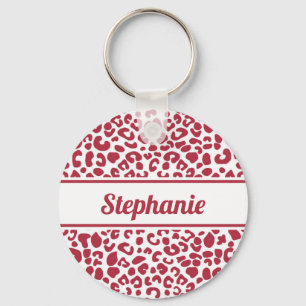 Trendy Red en White Leopard Print met naam Sleutelhanger