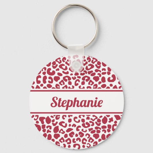 Trendy Red en White Leopard Print met naam Sleutelhanger (Voorkant)