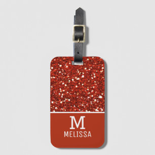 Trendy Red Glitter Name Monogram Bagagelabel