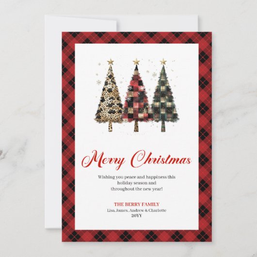 Trendy Red Plaid Christmas Tree Leopard Pattern   Feestdagenkaart (Voorkant)
