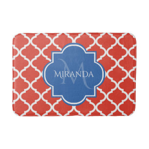 Trendy Red Quatrefoil Blue Monogram en naam Badmat