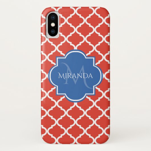 Trendy Red Quatrefoil Blue Monogram en naam Case-Mate iPhone Case (Achterkant)
