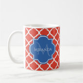 Trendy Red Quatrefoil Blue Monogram en naam Koffiemok (Links)