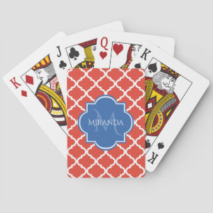 Trendy Red Quatrefoil Blue Monogram en naam Speelkaarten