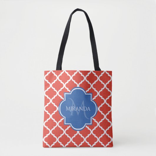 Trendy Red Quatrefoil Blue Monogram en naam Tote Bag (Voorkant)