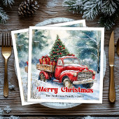 Trendy red truck Christmas scene rustic table  Servet