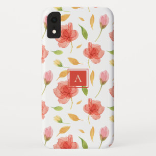Trendy Red Waterverf Floral Pattern Monogram iPhone XR Hoesje