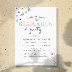 Trendy regenboog pastel vlinder afstudeerfeest kaart
