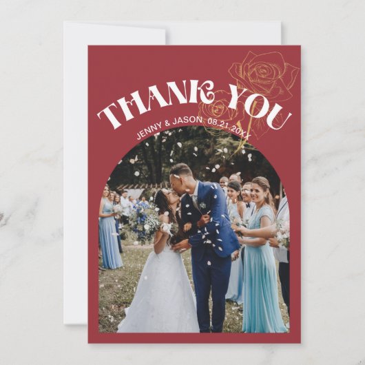 Trendy Retro Arch Rood Huwelijksfoto Dank u Kaart (Voorkant)