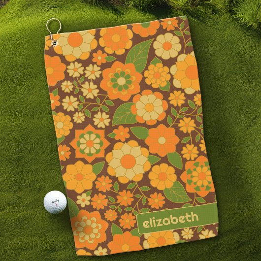 Trendy Retro Bloemen Patroon Aangepaste naam blok Golfhanddoek