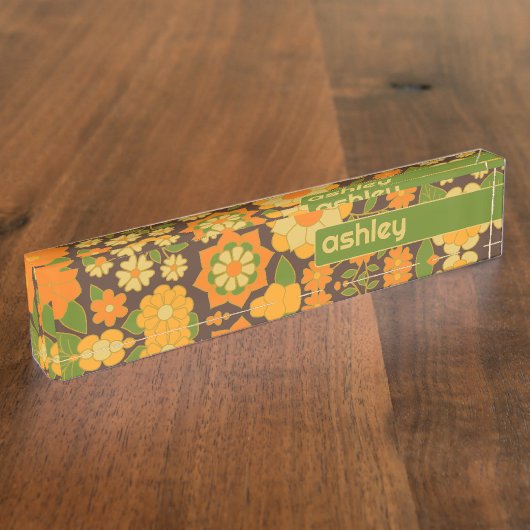 Trendy Retro Bloemen Patroon Aangepaste naam blok Naambordje (Zijkant)