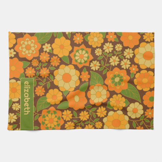 Trendy Retro Bloemen Patroon Aangepaste naam blok Theedoek (Horizontaal)