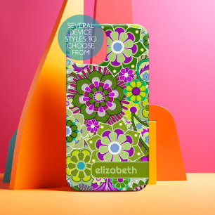 Trendy Retro Bloemmotief aangepaste naam blok iPhone 15 Hoesje