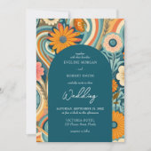 Trendy retro groovy bloemen lente bruiloft kaart (Voorkant)