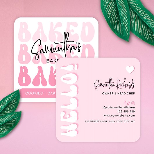 Trendy Retro Roze Bakkerij Gebak Chef Cateraar Vierkante Visitekaartje