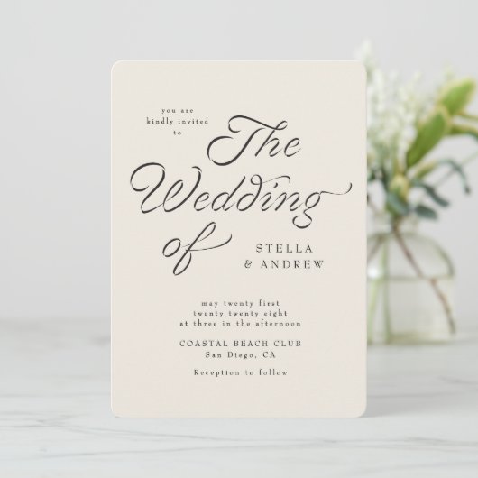 Trendy Ribbon Elegant Script Wedding Invitation (Debout devant)