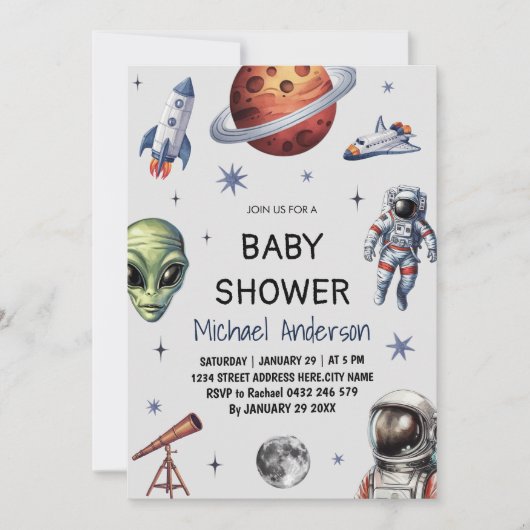 Trendy Rocket Ship Space Galaxy Alien Baby shower Kaart (Voorkant)