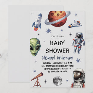 Trendy Rocket Ship Space Galaxy Alien Baby shower Kaart