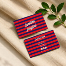Trendy rode blauwe gestreepte script visitekaartje