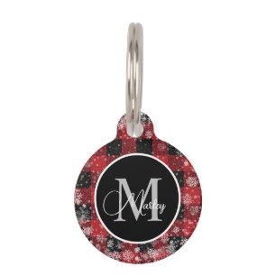 Trendy rode Buffalo geruite sneeuwvlokken monogram Huisdierpenning