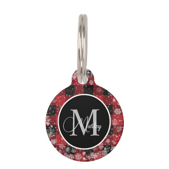 Trendy rode Buffalo geruite sneeuwvlokken Monogram Huisdierpenning (Voorkant)