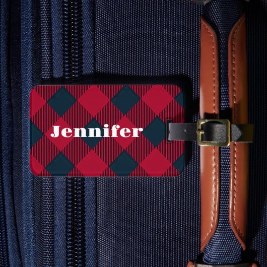Trendy rood plaid bagagelabel | Gepersonaliseerd (Voorkant Insitu 4)