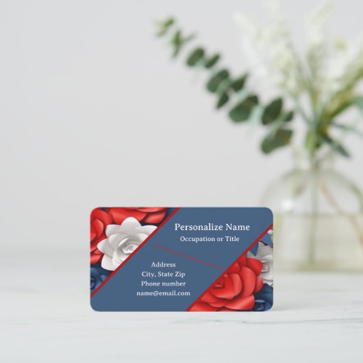 Trendy Rood Wit Blauw Bloemen Floral Design USA Visitekaartje (Staand voorkant)
